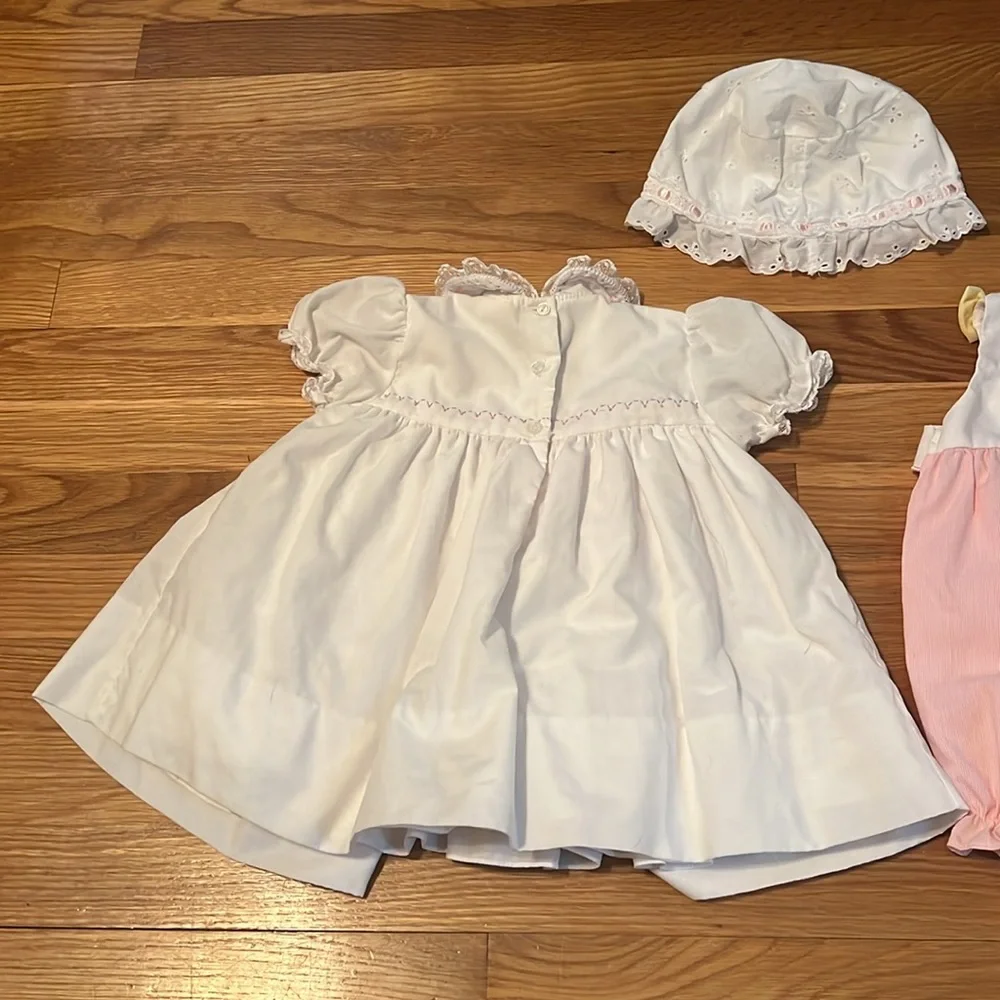 Baby Sarah Louise smocked White‎ Dress (6months), Pink butterfly Romper, and hat